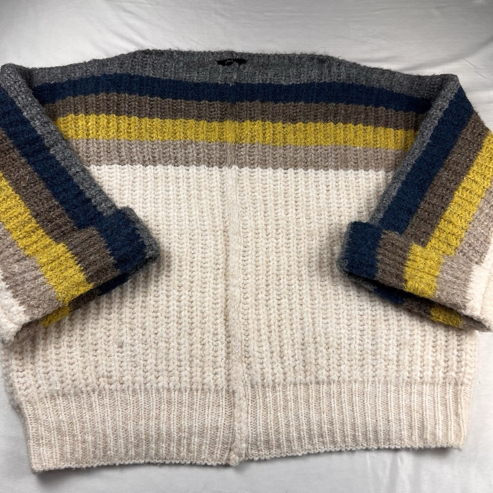 Amelia Sweater Cable Knit Ivory Blue Yellow Long Sleeve Wool Blend Women's Small